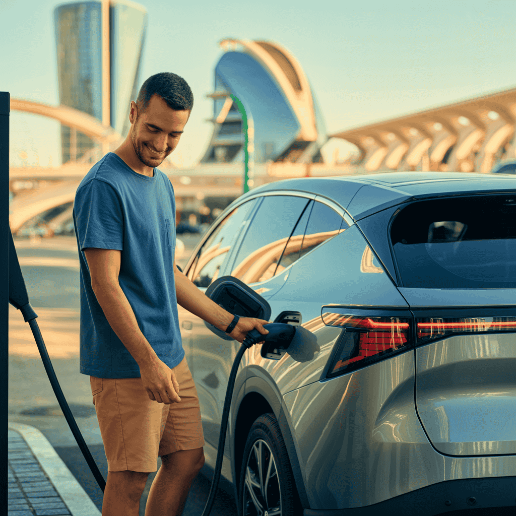 Conductor satisfecho cargando su SUV eléctrico económico