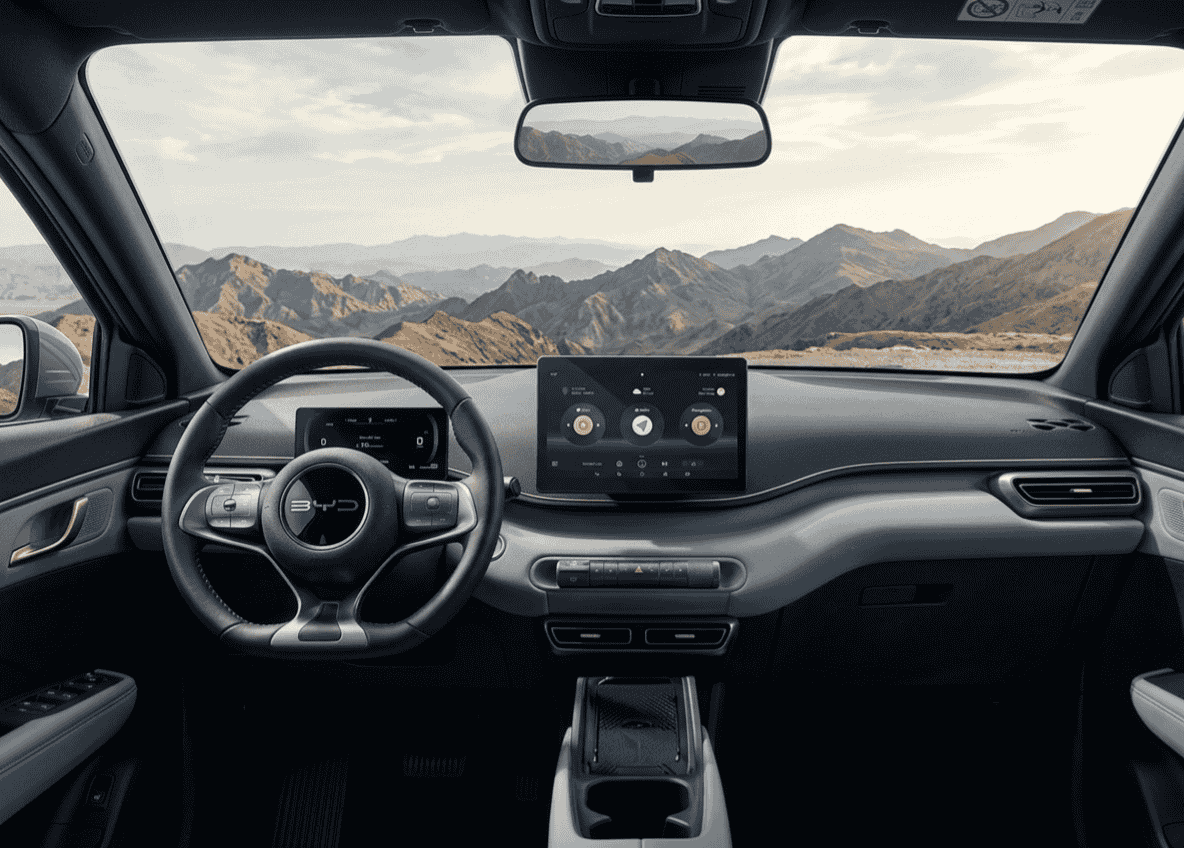 Interior BYD Seagull Dolphin Surf 2026 pantalla giratoria tecnología