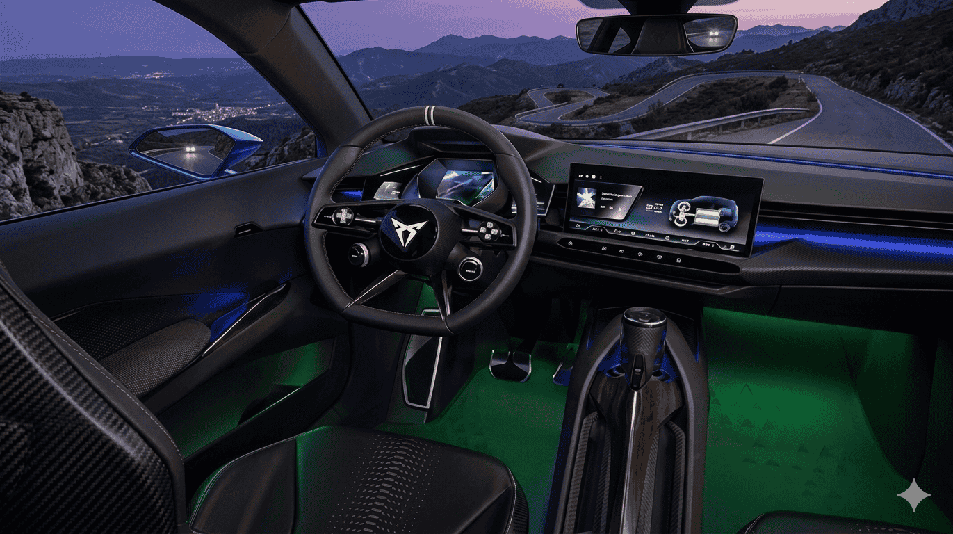 Interior del CUPRA Raval 2026 con pantallas digitales, diseño deportivo y materiales de calidad propios de la marca