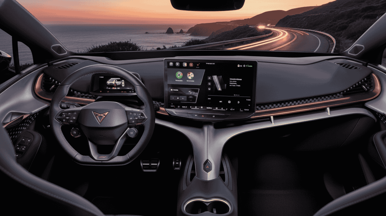 Interior del Cupra Tavascan 2025 con pantalla de 15 pulgadas y diseño deportivo orientado al conductor