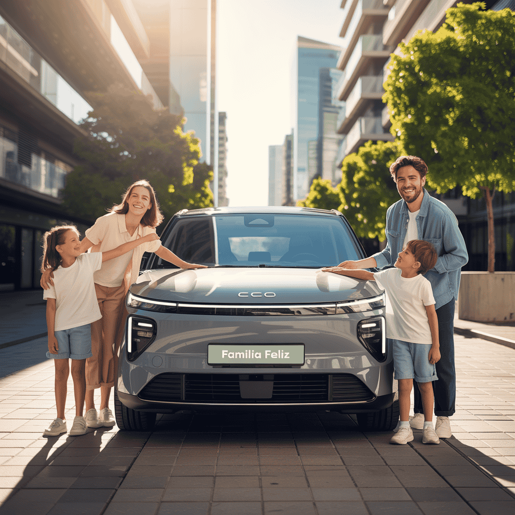Familia feliz estrenando coche eléctrico en España gracias a ayudas 2025 - Beneficios movilidad eléctrica