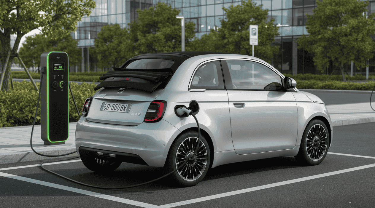 Fiat 500 eléctrico 2025 cargando en poste público - Foto de carga urbana