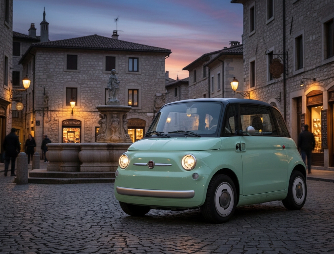Fiat Topolino eléctrico en color azul aparcado en una calle urbana europea mostrando su diseño retro compacto