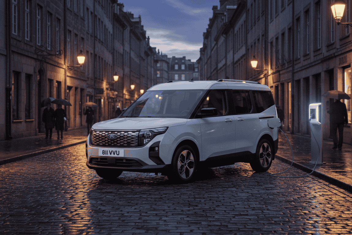 Ford E-Tourneo Courier eléctrico blanco, monovolumen familiar 100% eléctrico de Ford disponible en España