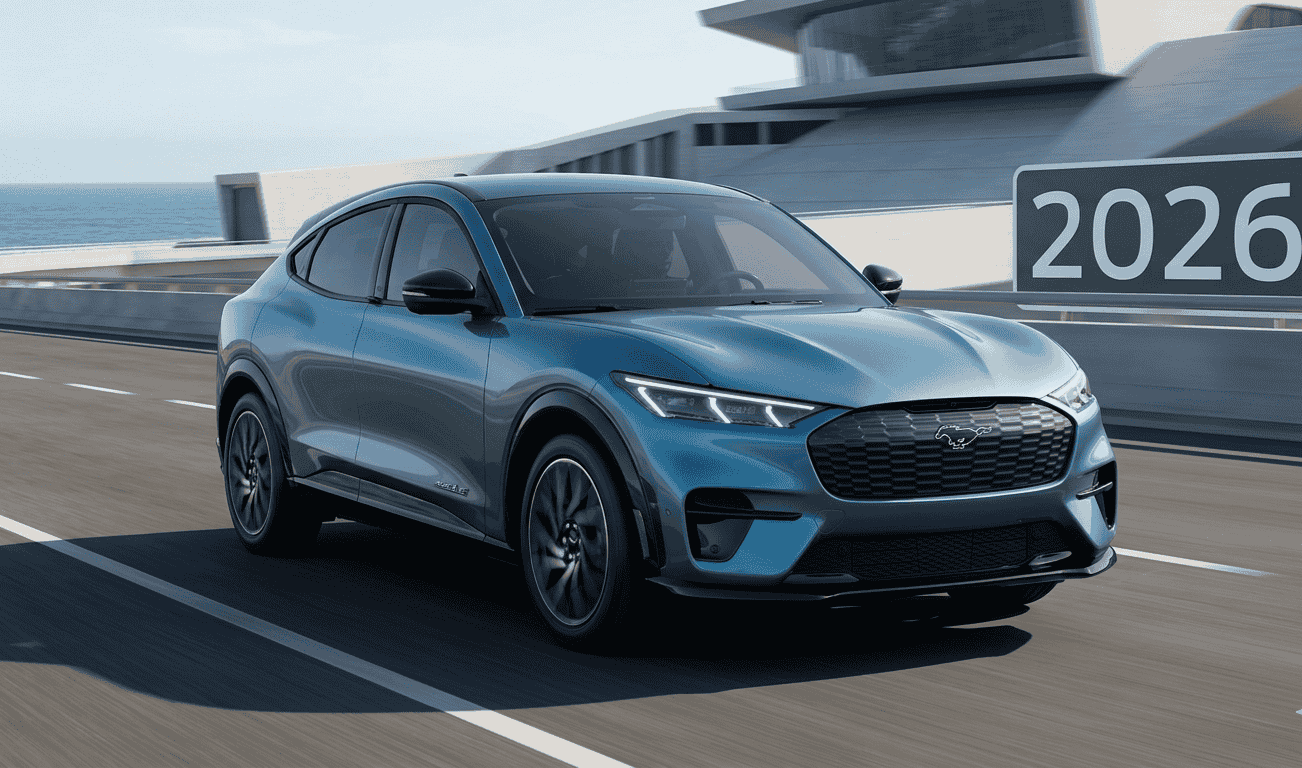 Ford Mustang Mach-E 2026 SUV eléctrico con diseño deportivo inspirado en el Mustang clásico y línea de techo tipo coupé