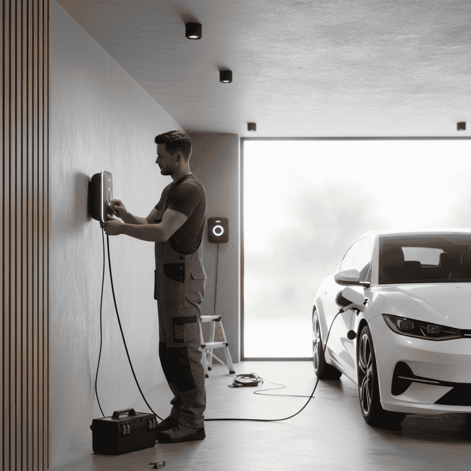 Instalador profesional montando punto de carga doméstico en garaje - Guía completa instalación cargadores eléctricos hogar