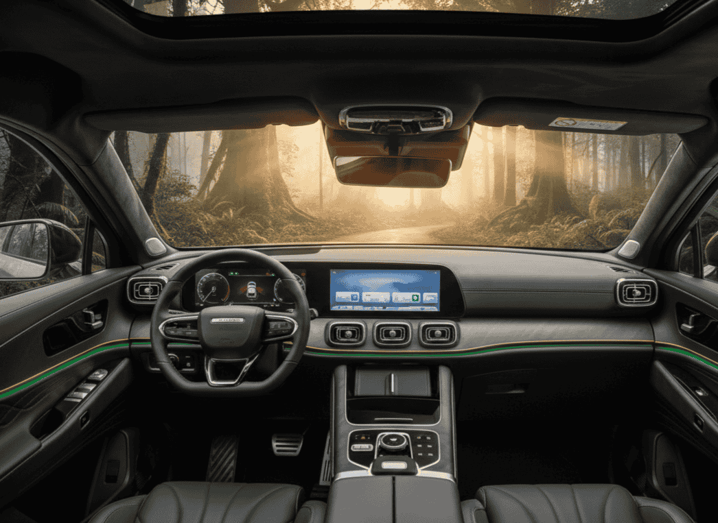 Interior del Jaecoo SHS 8 con pantalla táctil central de 12.3 pulgadas, acabados premium y cabina digital