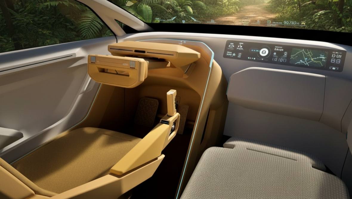 Interior del Kia Vision Meta Turismo Concept con pantallas envolventes, iluminación ambiental gaming y controles futuristas tipo joystick
