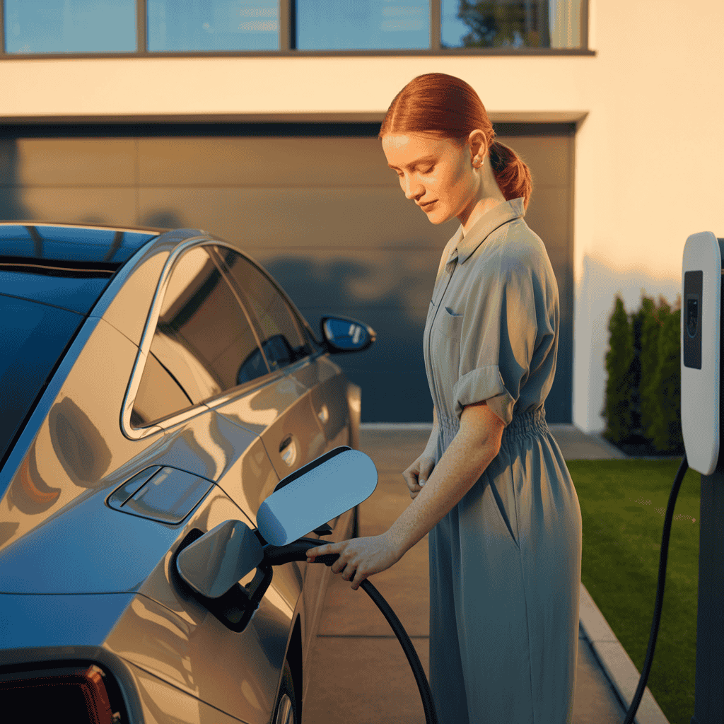 Mujer cargando coche eléctrico - Plan MOVES 2026