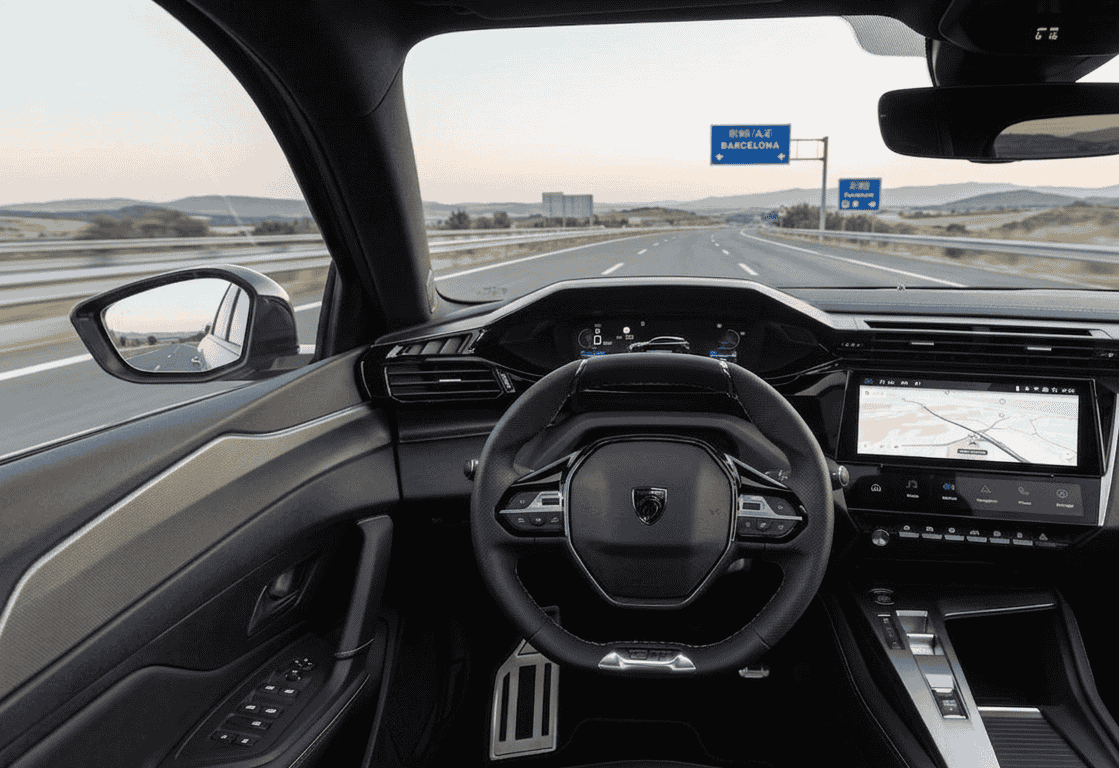 Interior del Peugeot E-308 2026 con i-Cockpit, volante compacto y pantalla central de 10 pulgadas