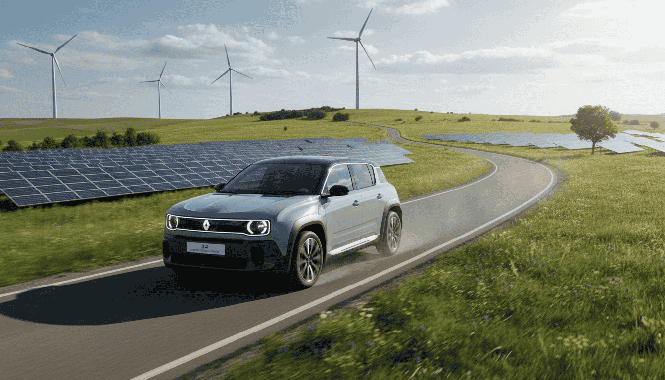 Renault 4 eléctrico rodando - Nueva versión eléctrica del clásico francés circulando por ciudad moderna