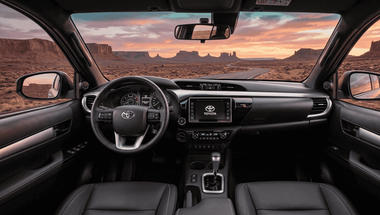 Interior del Toyota Hilux eléctrico BEV 2025, cuadro digital y pantalla central multimedia