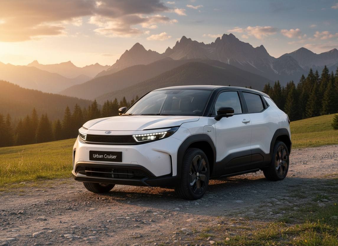 Toyota Urban Cruiser SUV eléctrico en color blanco, vista frontal lateral mostrando su diseño moderno y compacto