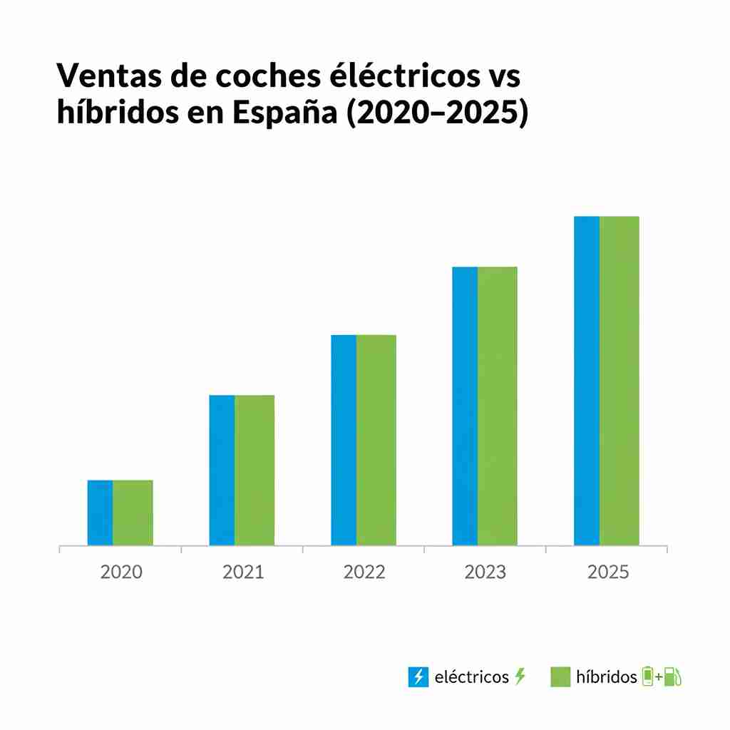 Gráfica evolución ventas vehículos eléctricos vs híbridos España 2025 - Comparativa matriculaciones BEV PHEV HEV