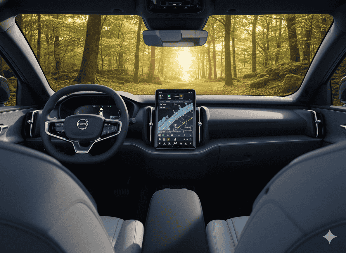 Interior del Volvo EX30 2025 con pantalla vertical de 12,3 pulgadas y materiales sostenibles