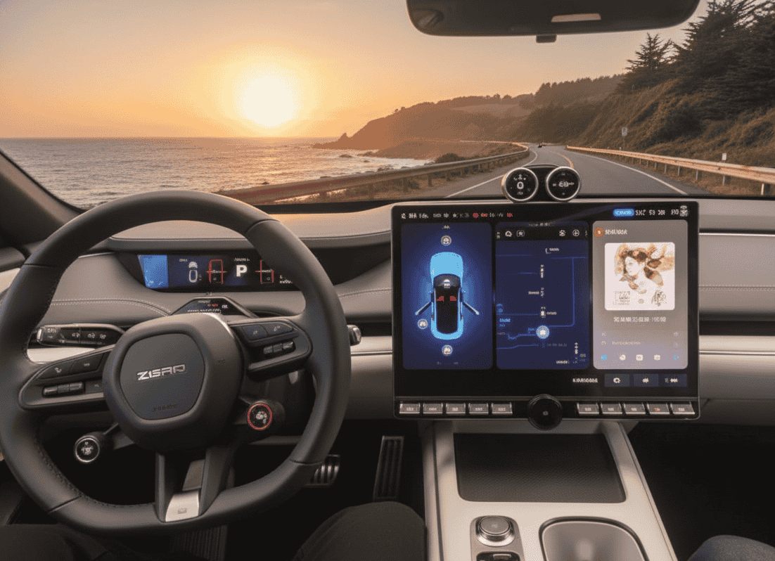Interior tecnológico del Xiaomi SU7 con pantallas digitales avanzadas y conectividad completa